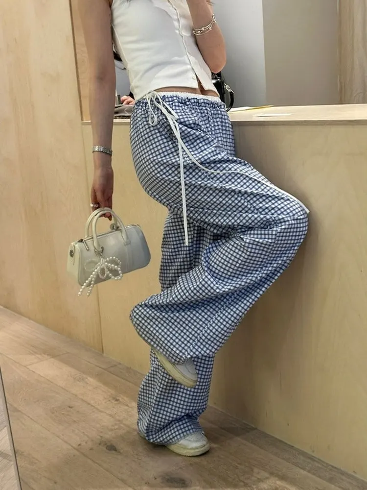 

High Waist Plaid Loose Fit Belted Casual Pants Thin Straight Leg Trousers Korean Style Summer New Arrival Women's Fashion