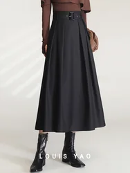 LOUIS YAO Women Dress Skirt 2023 Autumn High Waisted Pleated Long Skirt with Removable Waistband A Line Women's Long Dress