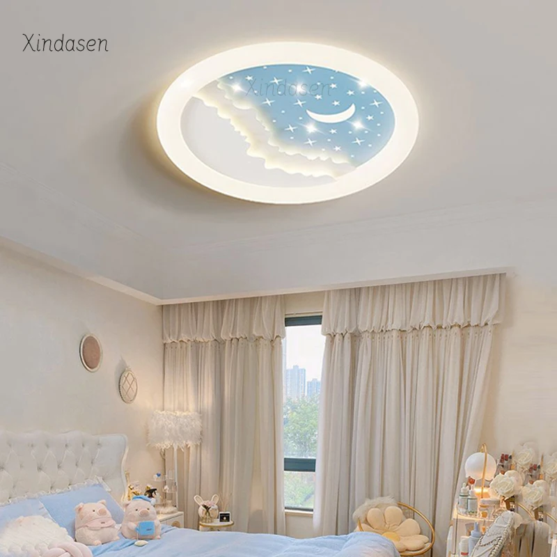 Princess Room Decor Blue White Star Moon Ceiling Lamp For Bedroom Child Baby Girl Kids Chandelier Round Led Ceiling Light Remote