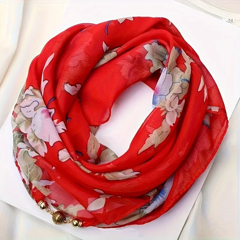 Luxury Magnetic Buckle Chiffon Scarf Women New Spring Neckchief Square Sunscreen Neck Cover Decorative Floral Headband