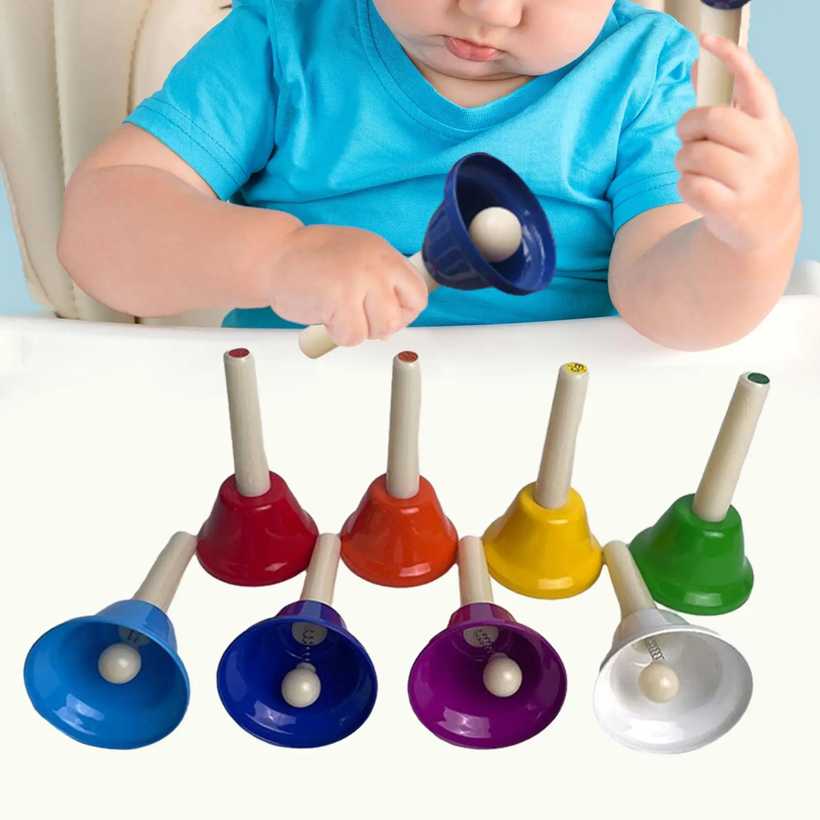 8x Hand Bells Handbells Musical Bells Colorful Handbells Musical Instrument for Wedding Kids Holiday Classroom Party Supplies