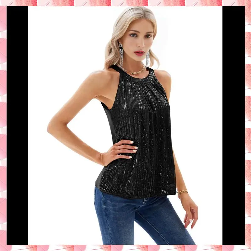 

Топы с лямкой на шее и пайетками для женщин, блестящие топы без рукавов с рюшами, струящиеся блестящие клубные наряды, рубашка для вечеринок