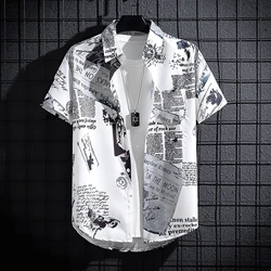 Summer Men's Short Sleeve Printed Shirt Thin Beach Top Seaside Casual Men's Essential Clothing Newspaper Printed Oversized Tops