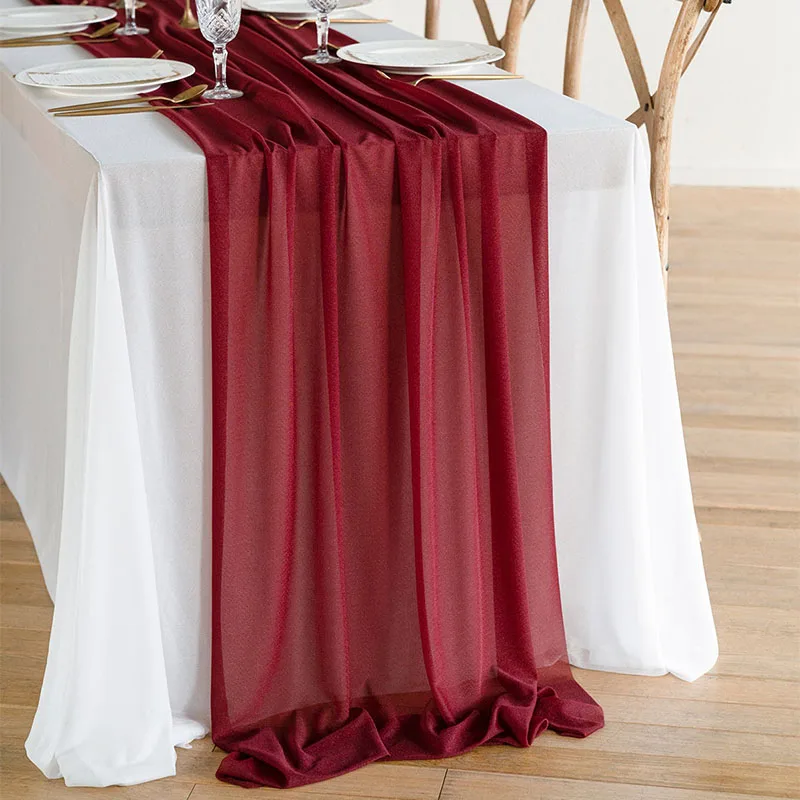 

Burgundy Table Runner Sheer Chiffon Boho Wedding Party Banquet Bridal Shower Birthday Home Christmas Decoration