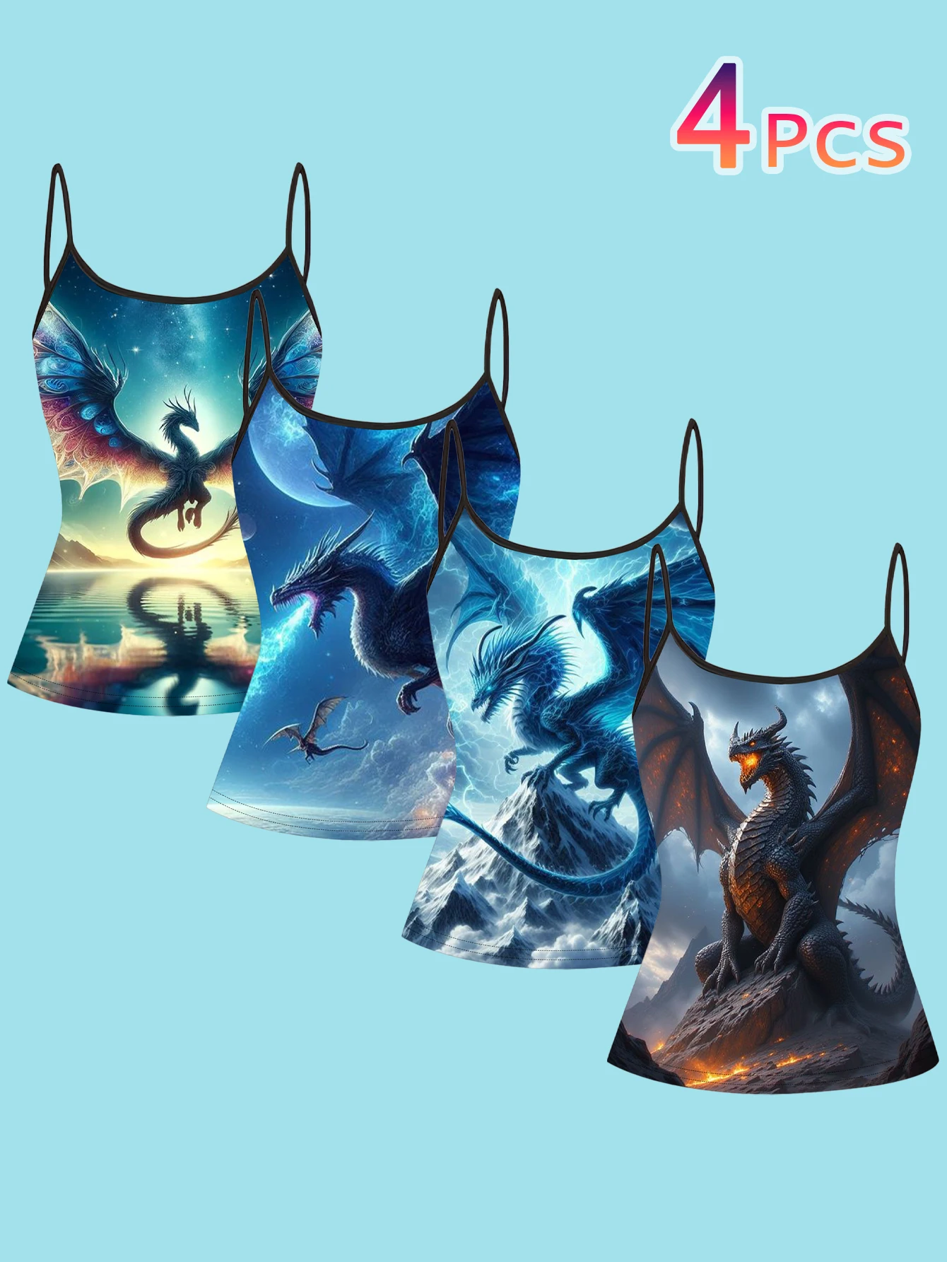 4-Piece Set of Women's Spaghetti Strap Camisoles with Starry Sky Ice Dragon Magic Dragon Art Print Slim Fit Sleeveless Tops, Fantasy Trendy Cool Outerwear and Inner Layering Shirts