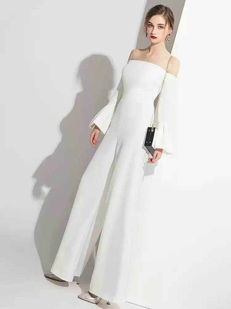 Abito da ballo bianco con spalle scoperte 2026 Tuta a maniche lunghe Abito da spettacolo da sera formale Robe De Soirée Stile elegante alla moda