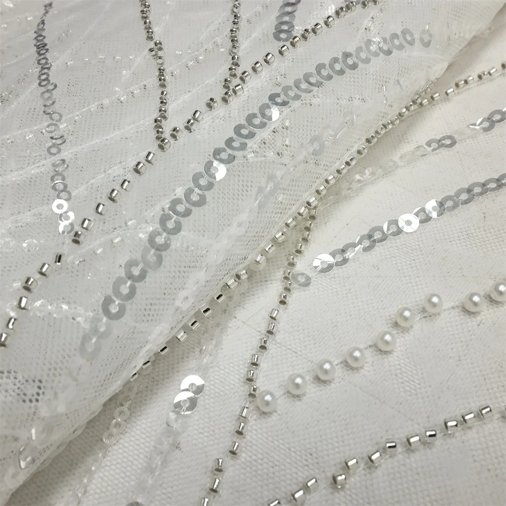 African Sequins Beaded Lace Fabric High Quality Crystal Beads Lace Mesh Fabric Wedding Tulle Mesh Sequin Fabric 5 Yards Cutting