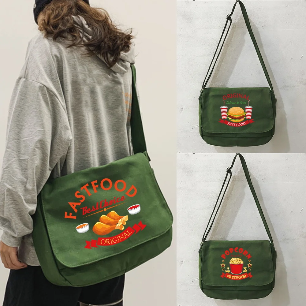Messenger Bag Reusable Eco-friendly Tote Bags Versatile Flip Large Capacity Book Pack Food Series Vintage Canvas Crossbody Bag