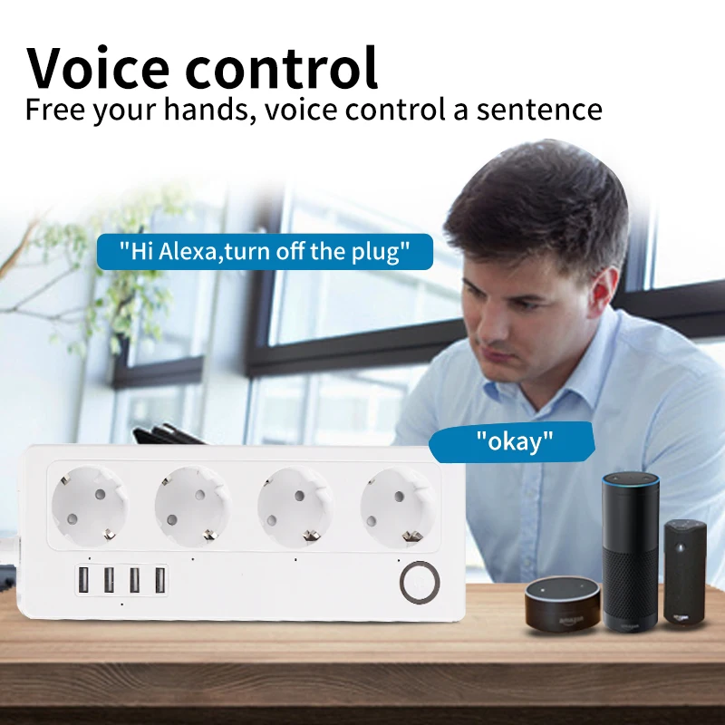 Tuya WiFi Smart Power Strip with 4 EU Socket Outlets and 4 USB Ports - Timing, Voice Control - Works with Alexa and Google Assi
