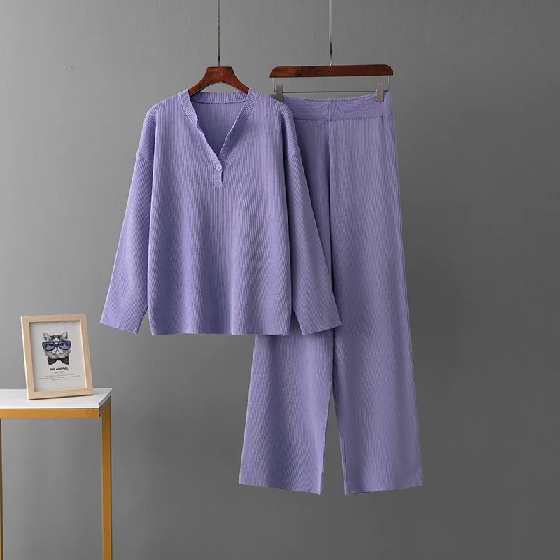 Autumn Winter Solid Color Sweater Suit Pit Strip Fashion V-Neck Fashion Sweater Loose Knitted Casual Pants Women Two-piece Sets