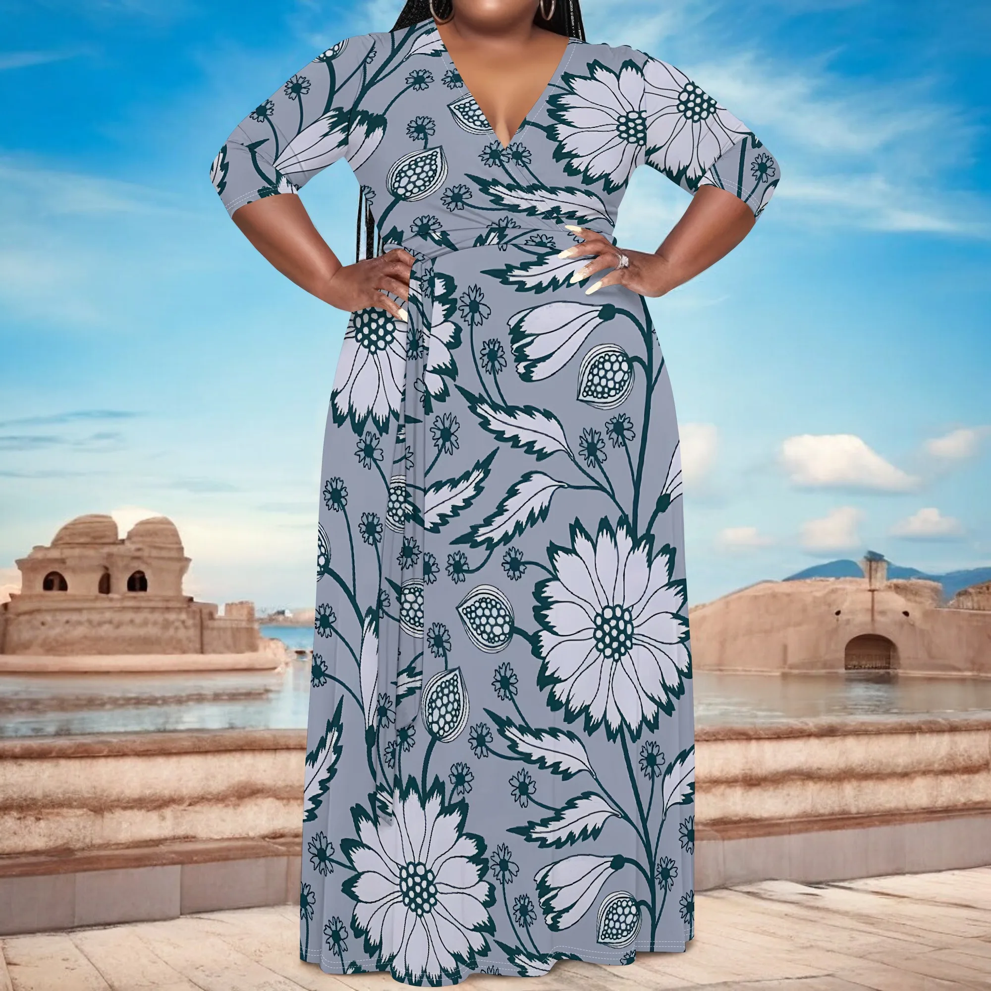 

Nupusa Floral Print Dress for Women Plus Size Summer Casual Wrap V - Neck Half Sleeve Maxi Dress