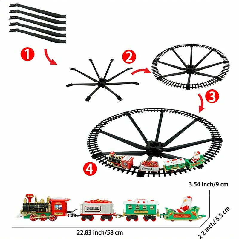 Mainan elektrik kereta api Natal, dekorasi pohon Natal, bingkai jalur kereta api, mobil dengan suara & rel ringan, hadiah Natal mobil