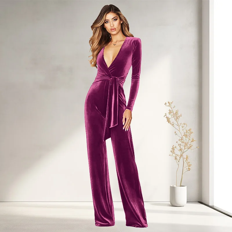 

Korean Velvet Slimming Solid Color Jumpsuit for Autumn and Winter Long Sleeved Wide Leg Jumpsuit for Women