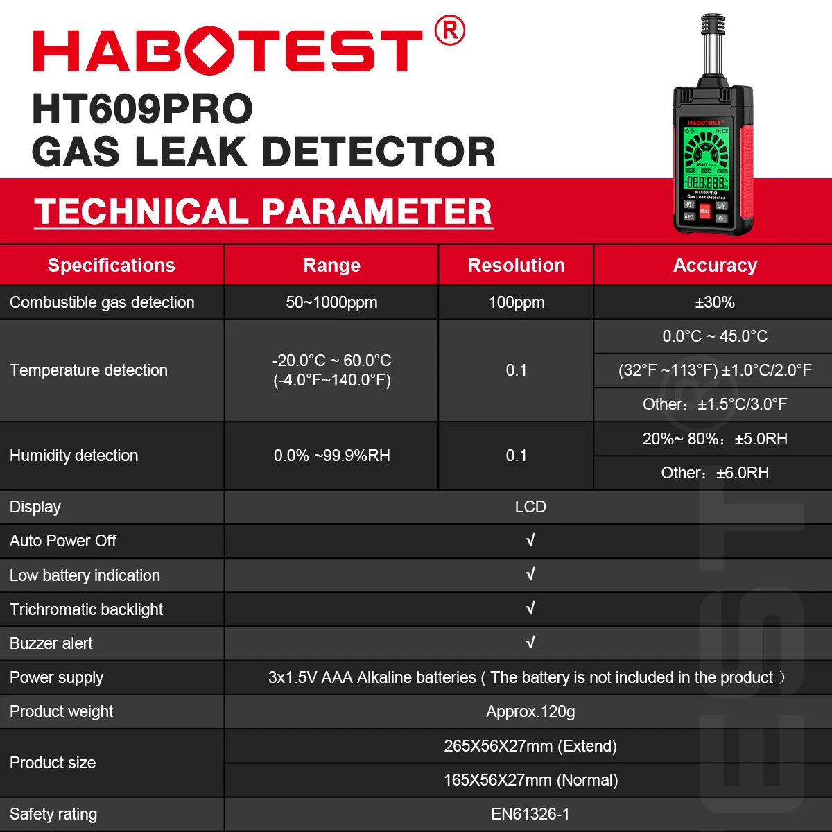 HT609/PRO Gas Leak Detector Combustible Gas Leak Tester Gas Analyzer with Audible & Visual Alarm Natural Methane Gas Detector