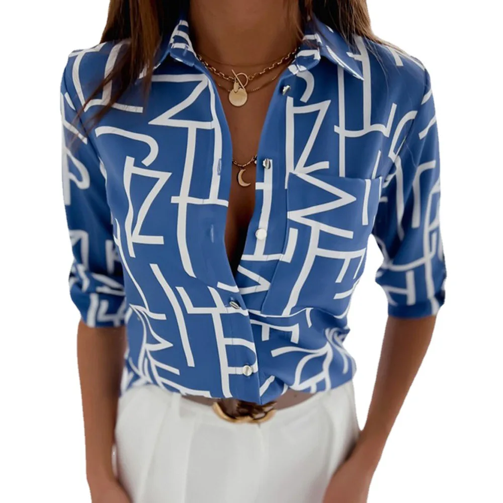 Casual long sleeve print shirt blouse women fashion button pocket camisas autumn elegant office lady slim shirts blouses top