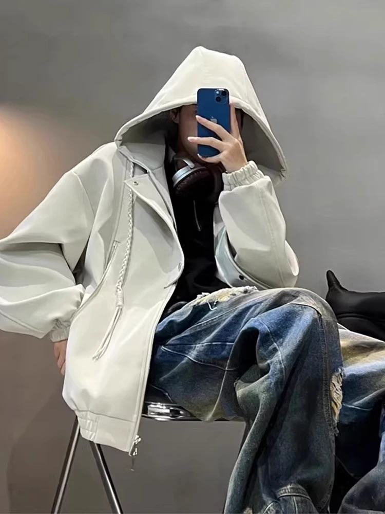 الأمريكية Sle ماتي بولي Leather الجلود Jaet الرجال الخريف الشتاء Cleanfit مقنعين دراجة نارية الملابس العصرية العلامة التجارية زوجين ملابس خارجية #5