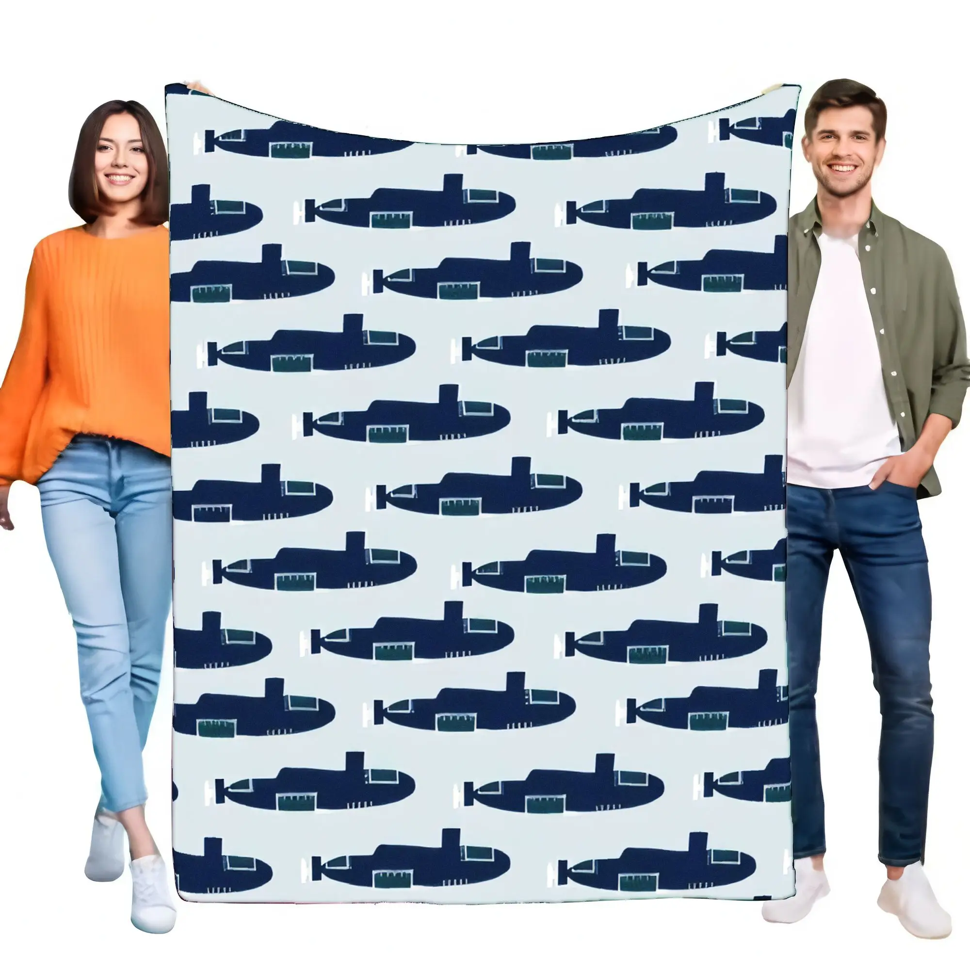 Cartoon Submarine Pattern Flannel Blanket Soft Warm Lightweight Throw for Kids Bed Sofa Ocean Decor Birthday Gift