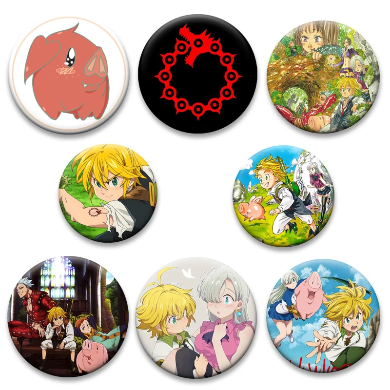 Anime The Seven Deadly Sins Brooches Meliodas Elizabeth Liones Cartoon Badge Round Tinplate Pins Backpack Bag Ornament Accessory
