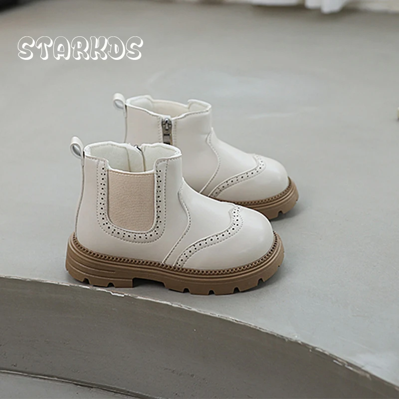 Brogue Chelsea Boots Kid Girl Autumn British Style Thick Sole Zip Ankle Botas Baby Child Boy Winter Warm Plush Leather Shoes