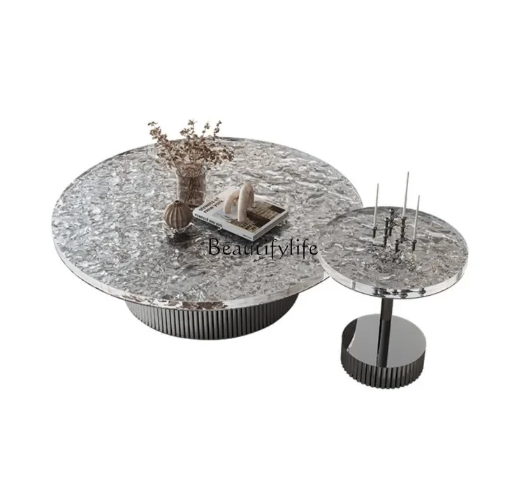 

ls 27Italian light luxury round coffee table small apartment living room minimalist stainless steel glass edge table combination