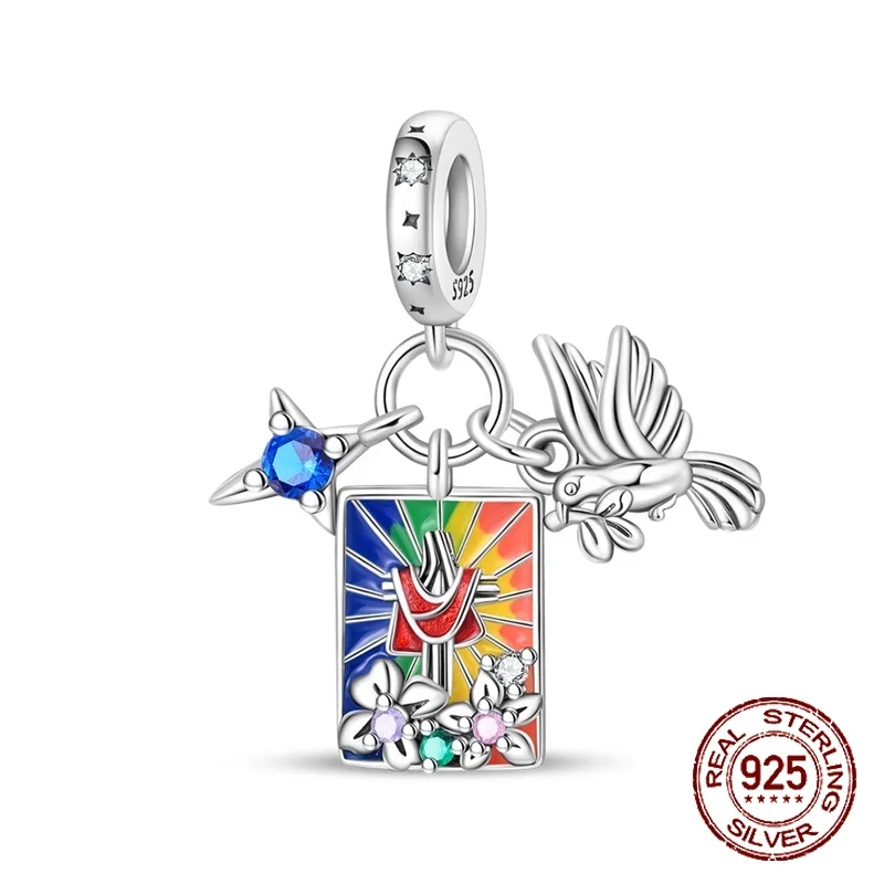 

925 Sterling Silver Pray for Peace Charm Peace Dove Pendant Fit Original Charm Bracelet Women DIY Jewelry Gift