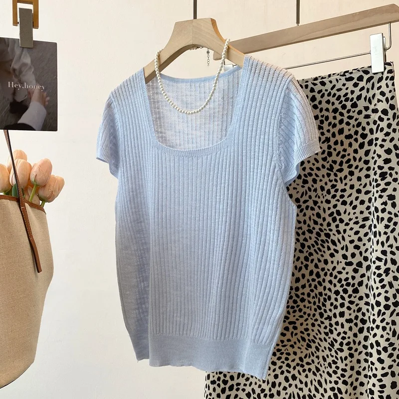 

Dave&di 25 Summer New Product: Square Neck Thin Short Sleeve Knitted Shirt For Women Bamboo Knot Hemp Strips Slimming Top