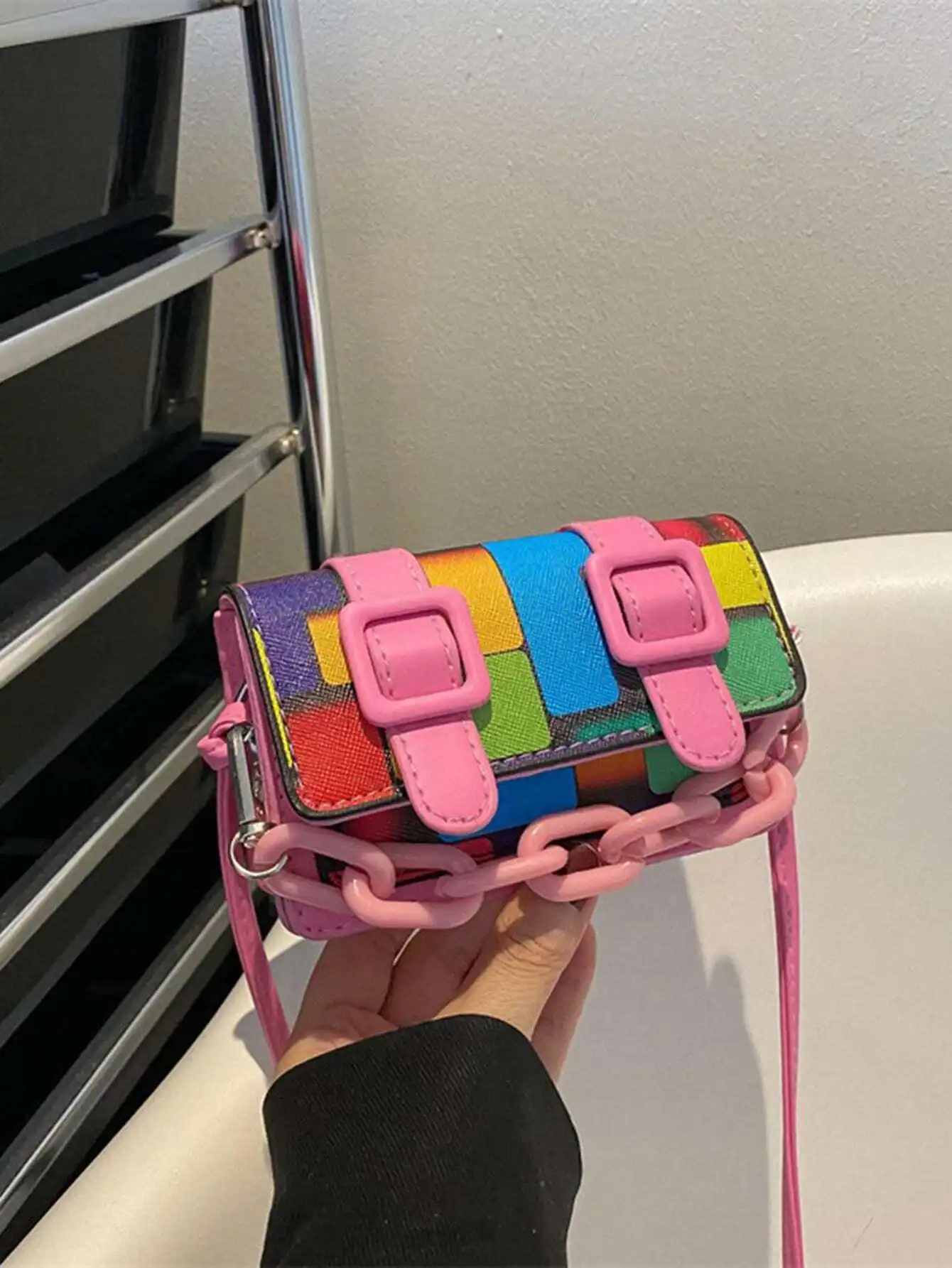 

Colorblock Mini Crossbody Bag with Pink Buckles and Chain Strap
