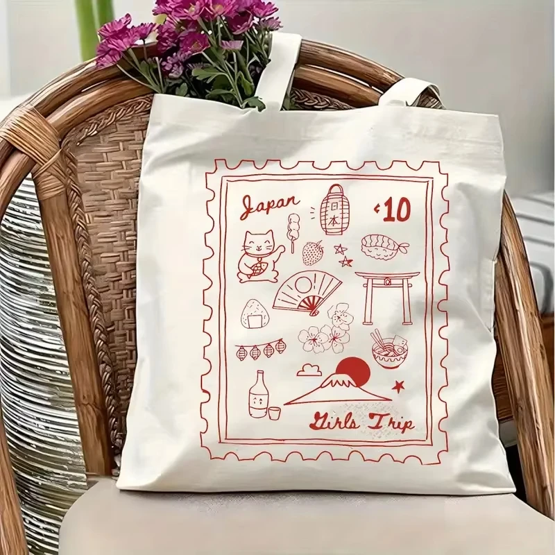 

Canvas Tote Bag Japan Travel Stamp Print Eco-Friendly Reusable Shoulder Bag for Travel Lovers Students School & Everyday Carry