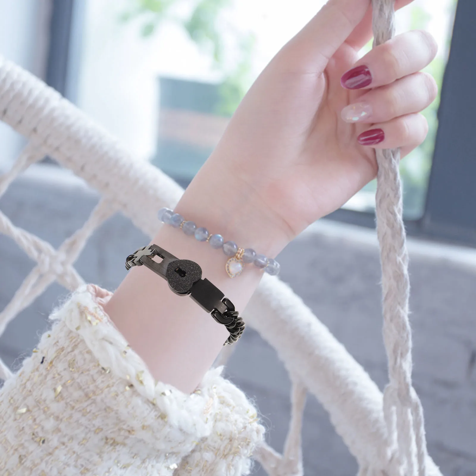 

1Pair Chic Key Lock Couple Bangle Creative Durable Wristband Unique Hand Rope Versatile Daily Wear Accessory Unfading Armlet