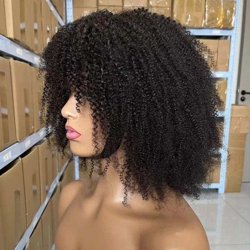 Wig keriting ikal Afro rambut manusia tanpa lem untuk wanita hitam memakai dan pergi wig keriting Afro dengan poni wig pinggiran hitam alami