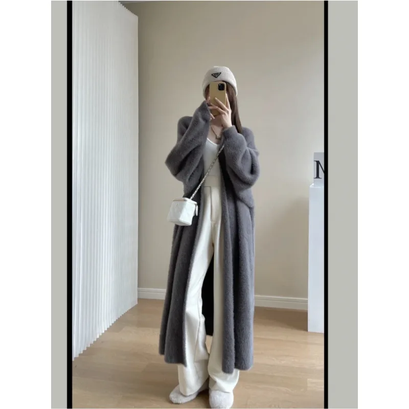 

Liedow Lazy Style Long Over Knee Mink Fur Sweater Jacket For Women, Loose Autumn And Winter Knitted Cardigan Coat