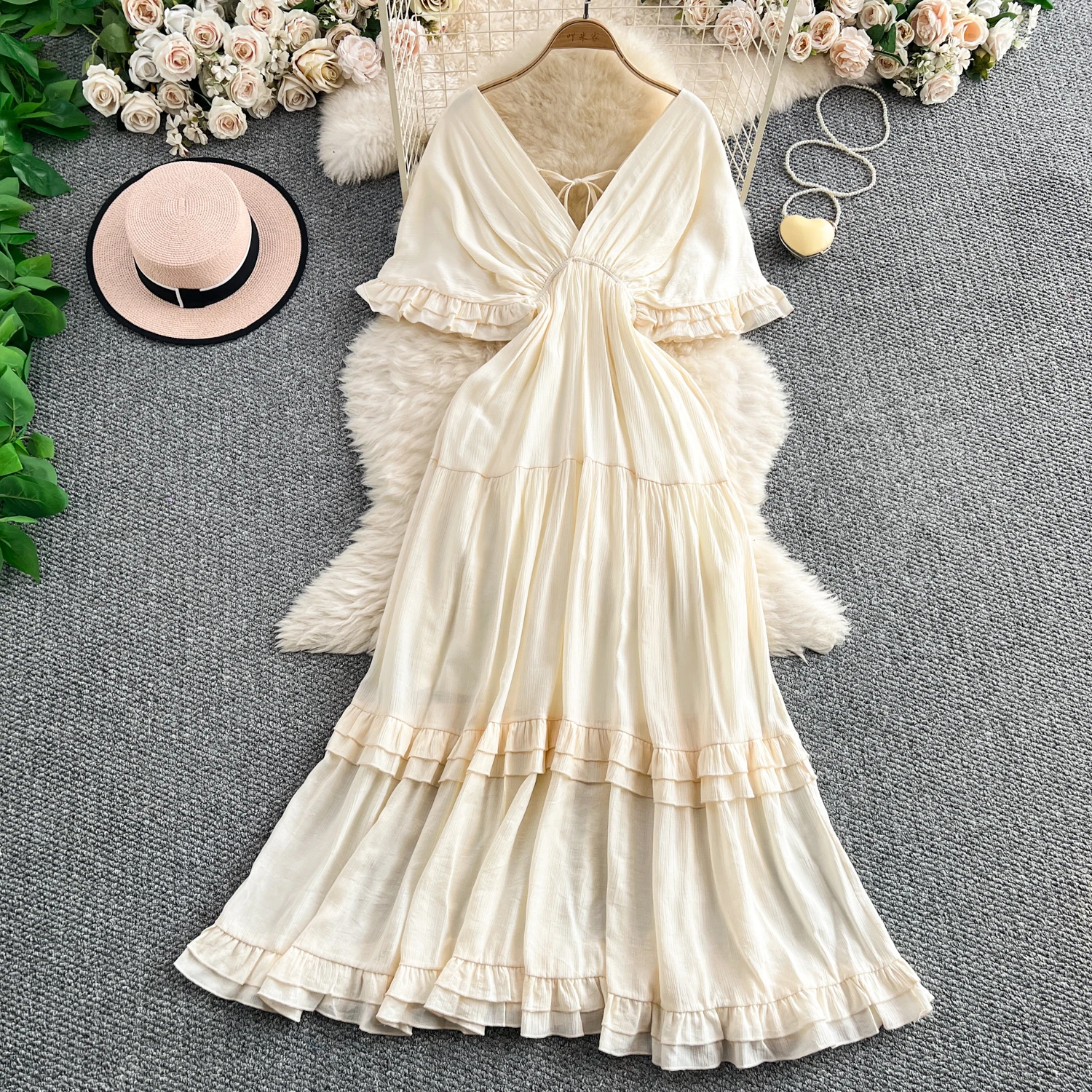 Francês vintage babados v frente de volta vestido longo verão senhora elegante grande balanço manga curta vestido sólido princesa bolo camada vestido
