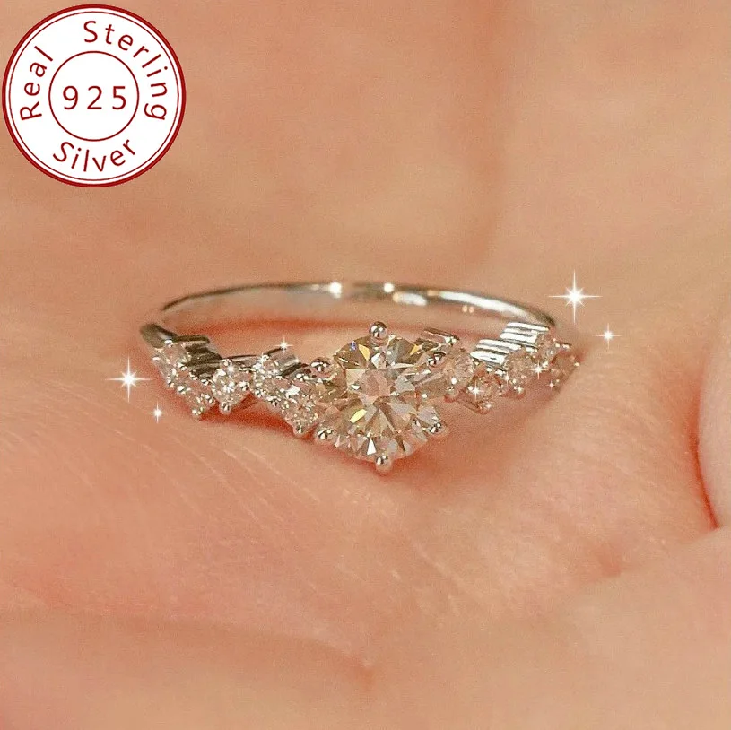 S925 خاتم هندسي مطلي بالروديوم 1CT D اللون مويسانيتي بستة شوكات للنساء، مجوهرات رائعة