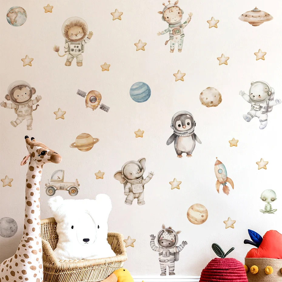 Cartoon Animals Space Astronaut Planet Stars Rocket Watercolor Wall Sticker Child Nursery Art Decal Kids Room Bedroom Home Decor