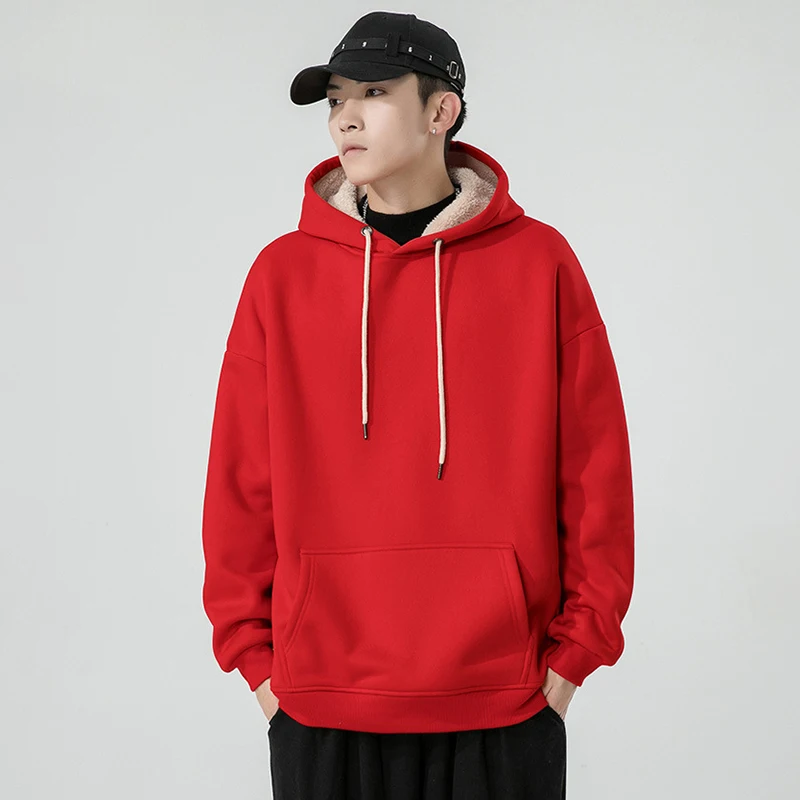 

Basic Thicken Lambswool Hoodies for Men Korean Solid Loose Pocket Hooded Pullovers Man Fall Winter Casual Versatile Sweatshirts