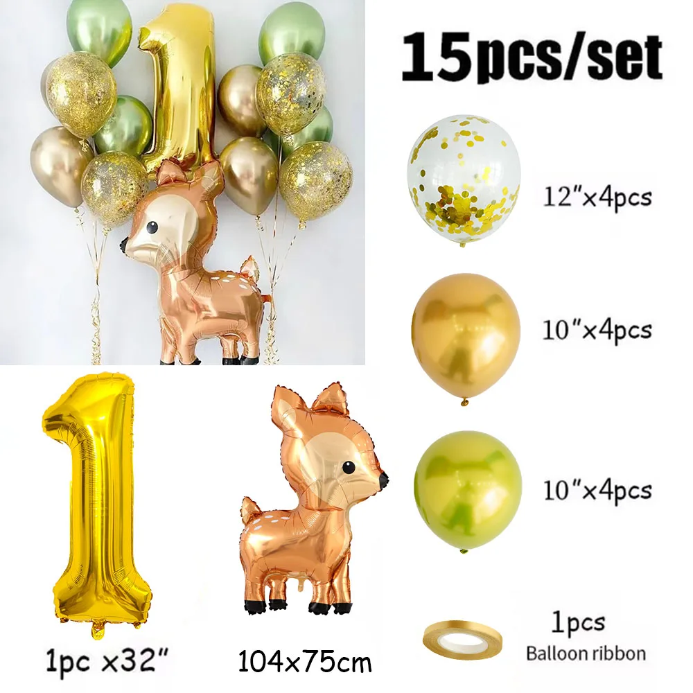 15pcs Gold Number Animal Foil Balloons Happy Birthday Party Decorations Kids Girl Boy Baby 1 2 3 4 5 6 7 8 9 Year Old Supplies