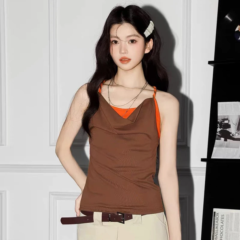 Fake Two-piece Contrast Color Stitching Swing Neck Camisole For Women Summer Knot Design Hot Girl Halter Neck Top