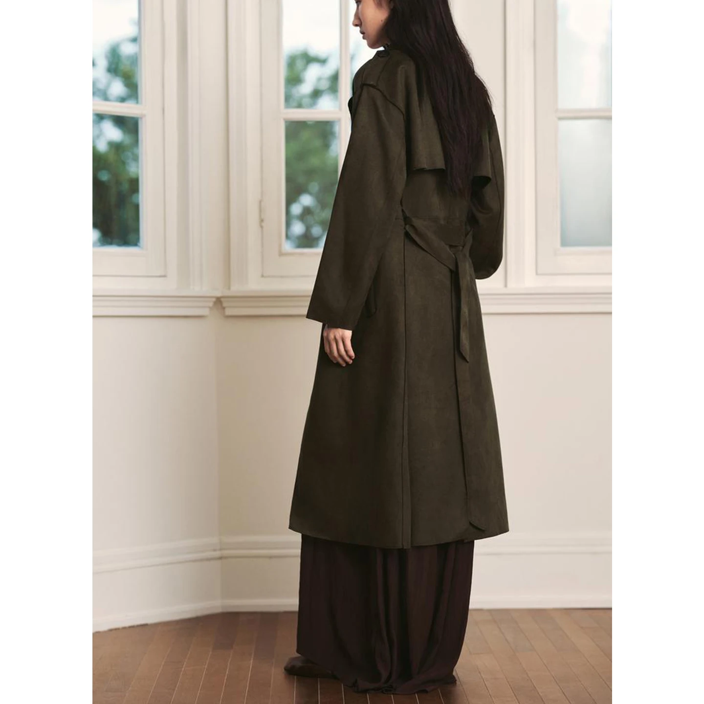 معطف نسائي جديد لموسم الخريف بتصميم بسيط وأكمام طويلة بتأثير الجلد الصناعي، سترة طويلة للحماية من الرياح 4968230