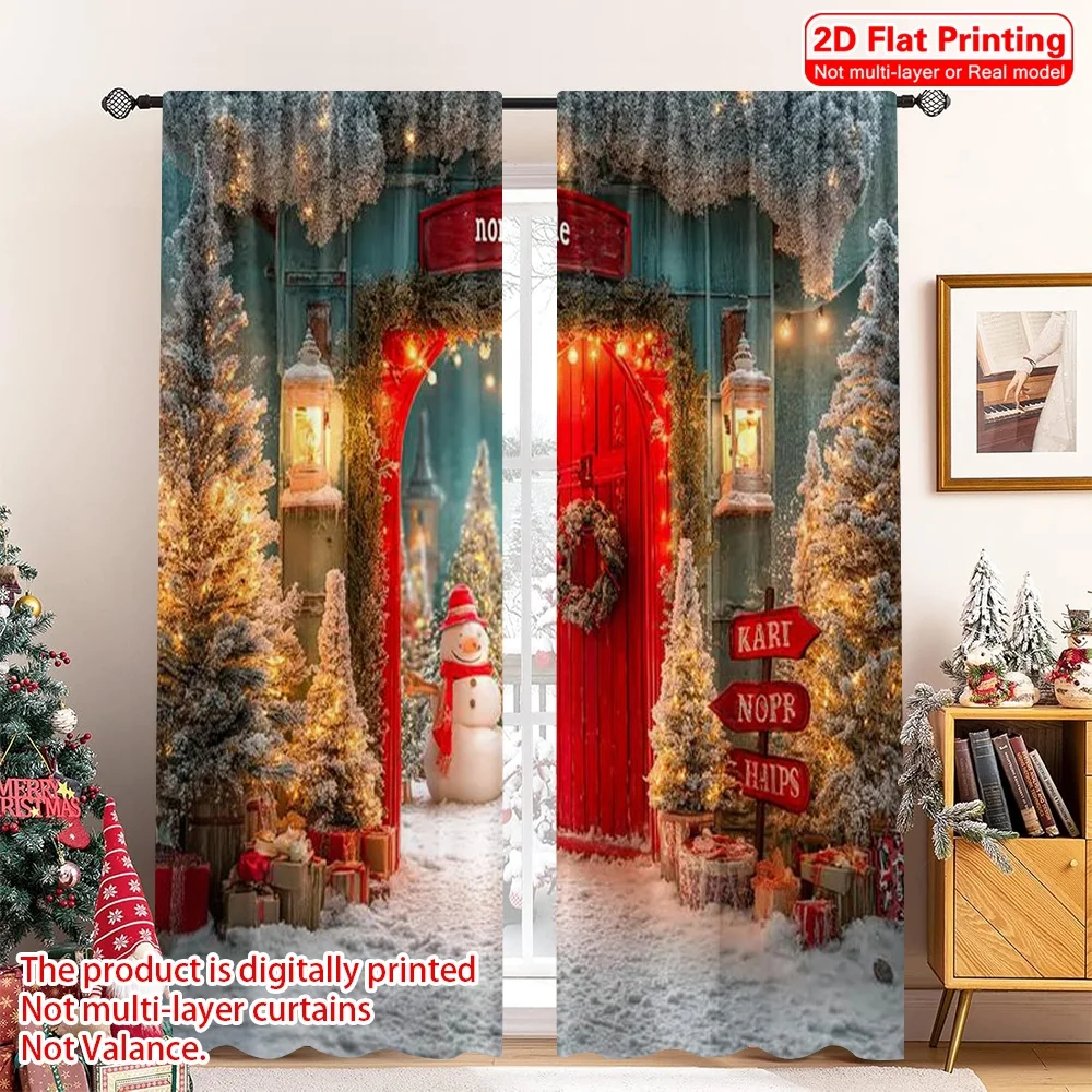 

2pcs 2D flat printing Merry Christmas Popular Party Window Curtains Pine Snow Trail (2) Durable Polyester Without Electricity