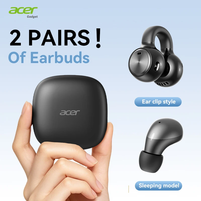 Acer Ohr817 kabellose Kopfhörer, In-Ear-Clip-On-Modell, 2 Paar Kopfhörer, Anzeige des Akkustands, Geräuschunterdrückung bei Anrufen, Bluetooth 6.0 Stereo, angenehm bei längerem Tragen, geeignet für