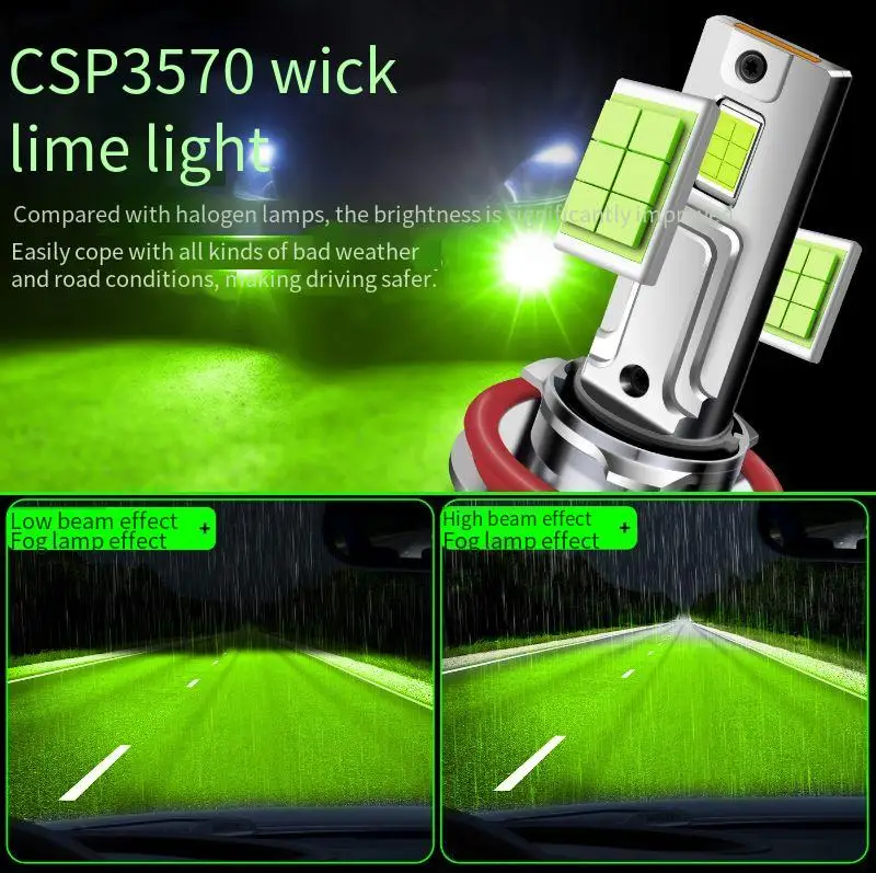 

H1 H3 H7 H8 H9 H11 HB3 HB4 HIR2 9005 9006 9012 12V 60W Lime Green LED Headlight Bulbs Fog Lamp Retrofit