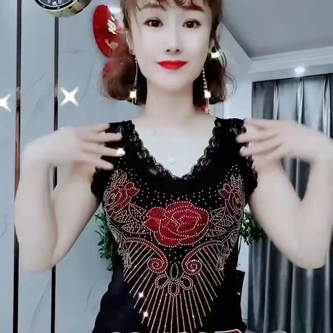 Summer Lace Camisole, Korean Style Slim Rose Phoenix Tail Rhinestone Beauty Back Top, Women's Inner & Outer Wear Tank Top