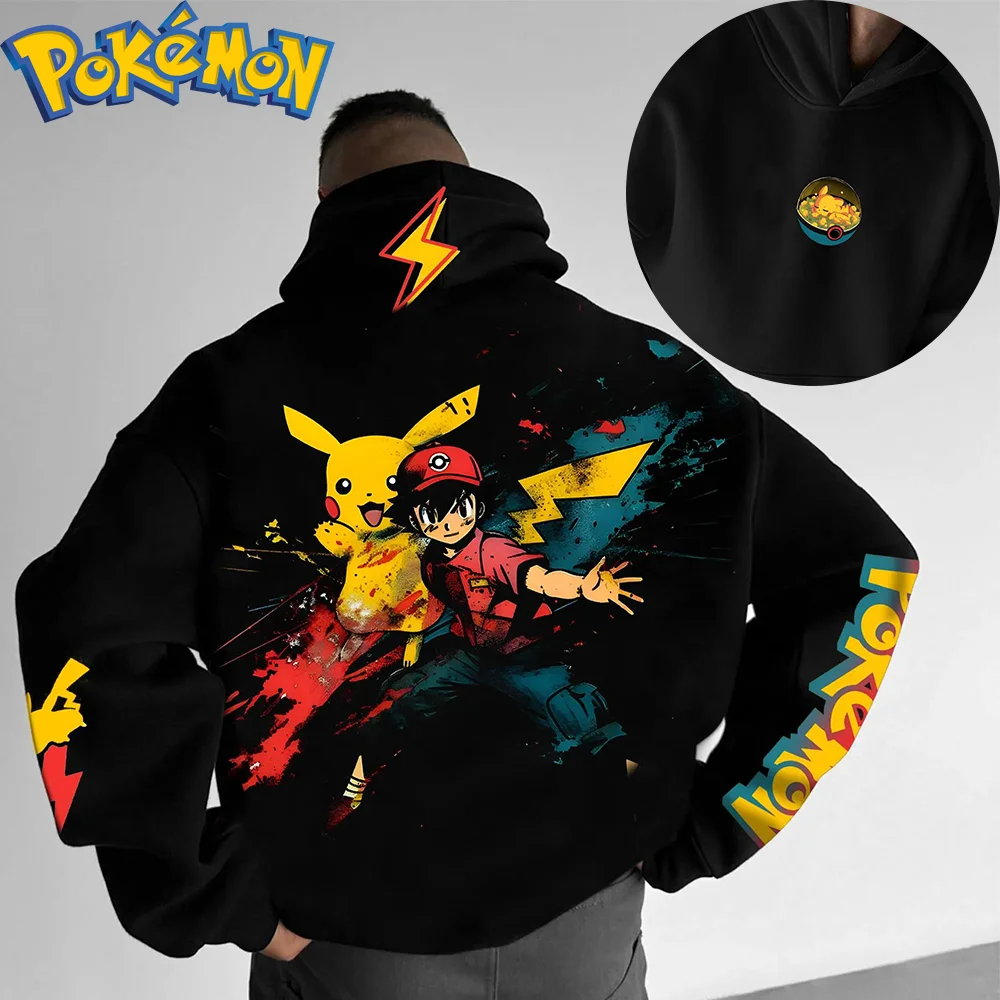 Pokemon anime pikachu algodão hoodie cor preta personagem impressão com efeito de respingo azul vermelho e padrão relâmpago streetwear