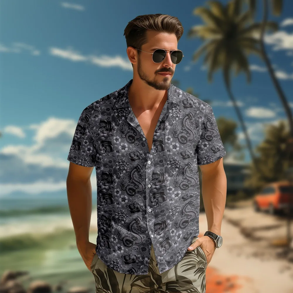 Dragon Black Punk Shirts Men's Short-sleeved Shirt Retro Summer Button Down for Men Hawaiian Style Cotton Shirts Beach Clothing