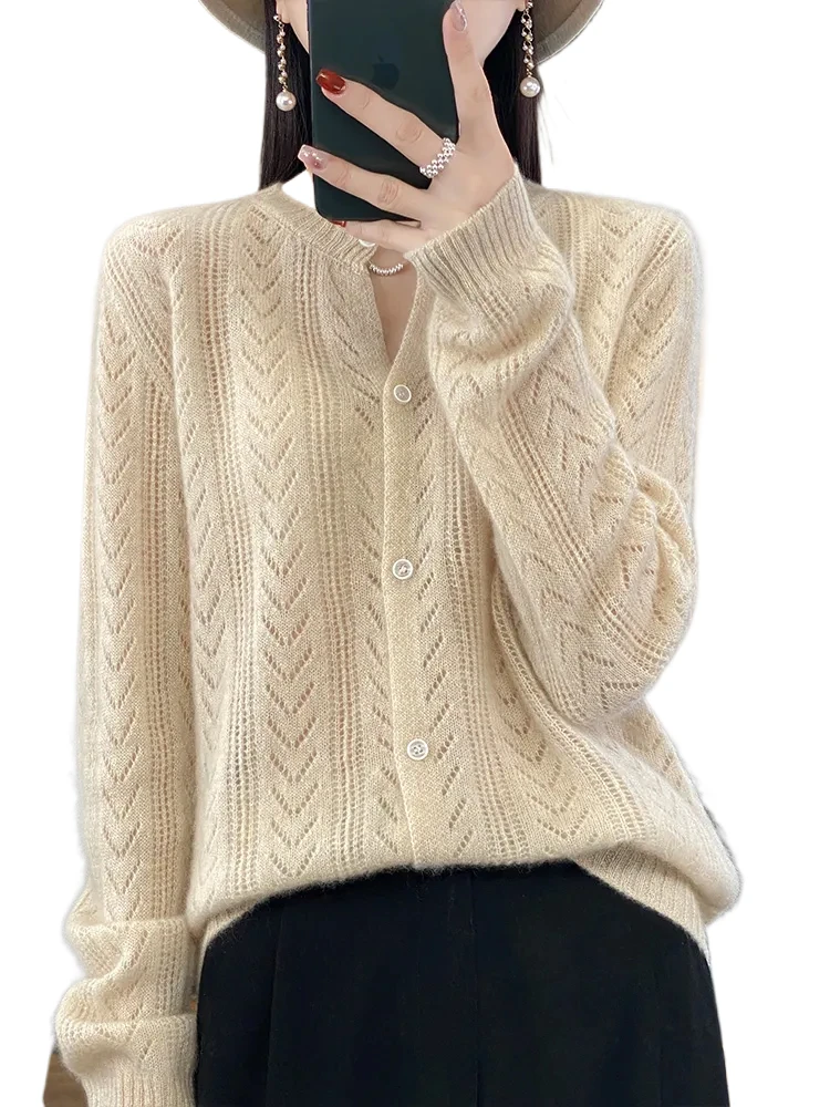 

Autumn and winter New hollow cardigan women's sweater coat loose long sleeve temperament knitted idle style women