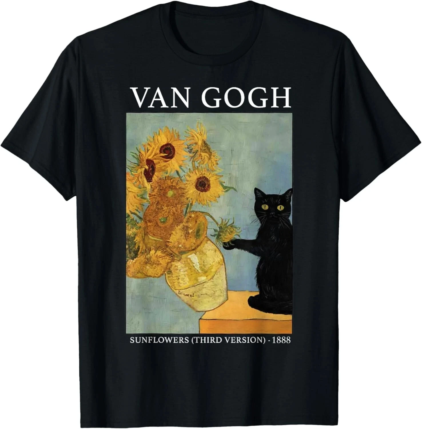 Van Gogh Black Cat with Sunflowers Funny Cat T-Shirt Short Sleeve T-shirts for Unisex All-Season Black Casual Crew Neck T Shirt