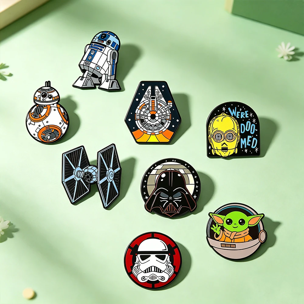 8pcs Star Wars Enamel Brooch Set R2-D2 BB-8 TIE Fighter Darth Vader Millennium Falcon Stormtrooper Grogu Clothing Jewelry image 6