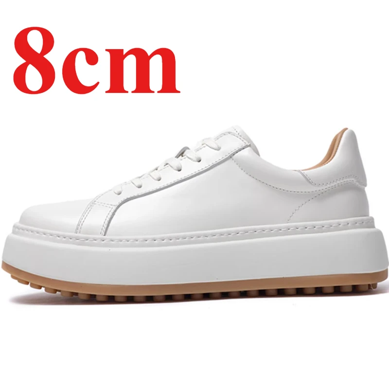 Genuine Leather Hand-sewn White Board Shoes for Men's 8cm Elevator Cowhide Breathable Height Increasing Shoes Casual Derby Shoes