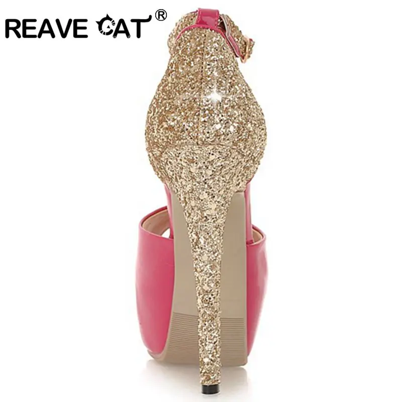 REAVE CAT Women Bridal High heel pumps Peep toe Stiletto Thin heels 13cm Platform Buckle Size 34-43 zapatos de