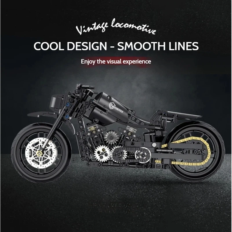 Blocos de construção de motocicleta retrô, modelo diy, técnica de montagem de moto, brinquedo compatível com tijolos pequenos, conjunto de construção criativa, presente